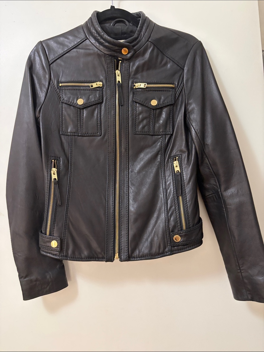 Michael Kors Black Leather Moto Jacket with Gold Hardware